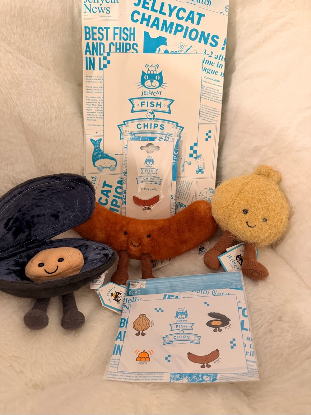 Jellycat London exclusive sausage set and one mussel and one onion